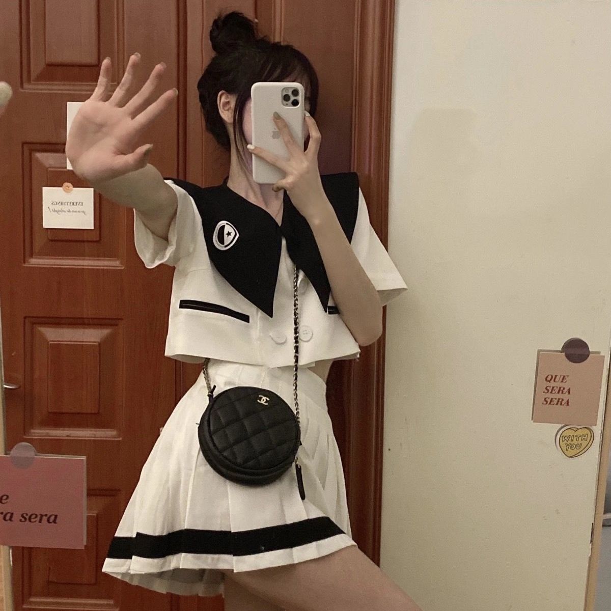 Summer Korean college style short slim shirt top + high waist slim pleated skirt salt suit female