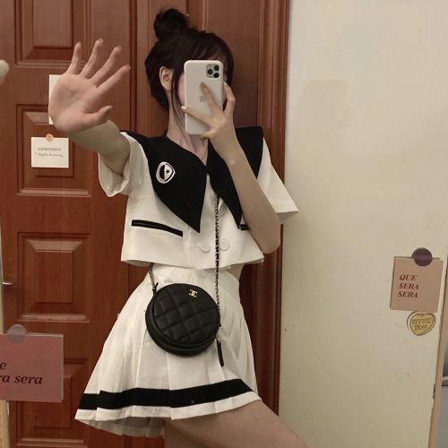 Summer Korean college style short slim shirt top + high waist slim pleated skirt salt suit female