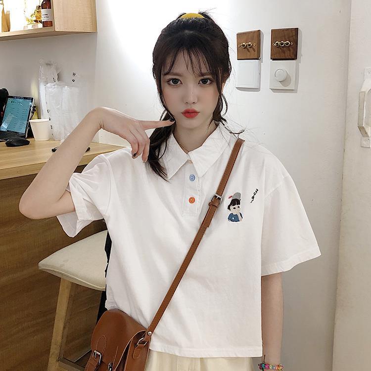 Summer BF Korean Short embroidered Lapel college Polo short sleeve t-shirt female student ins fashion loose top