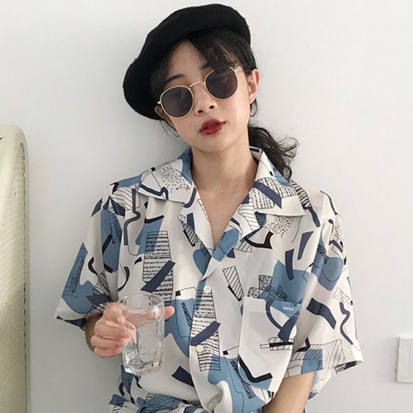2022 new Hong Kong style retro geometric print cardigan short sleeve Vetiver shirt chic shirt women's sunscreen