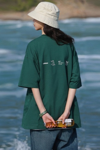 Summer cotton short sleeve t-shirt female student loose print couple's dark green simple versatile clothes fashion label