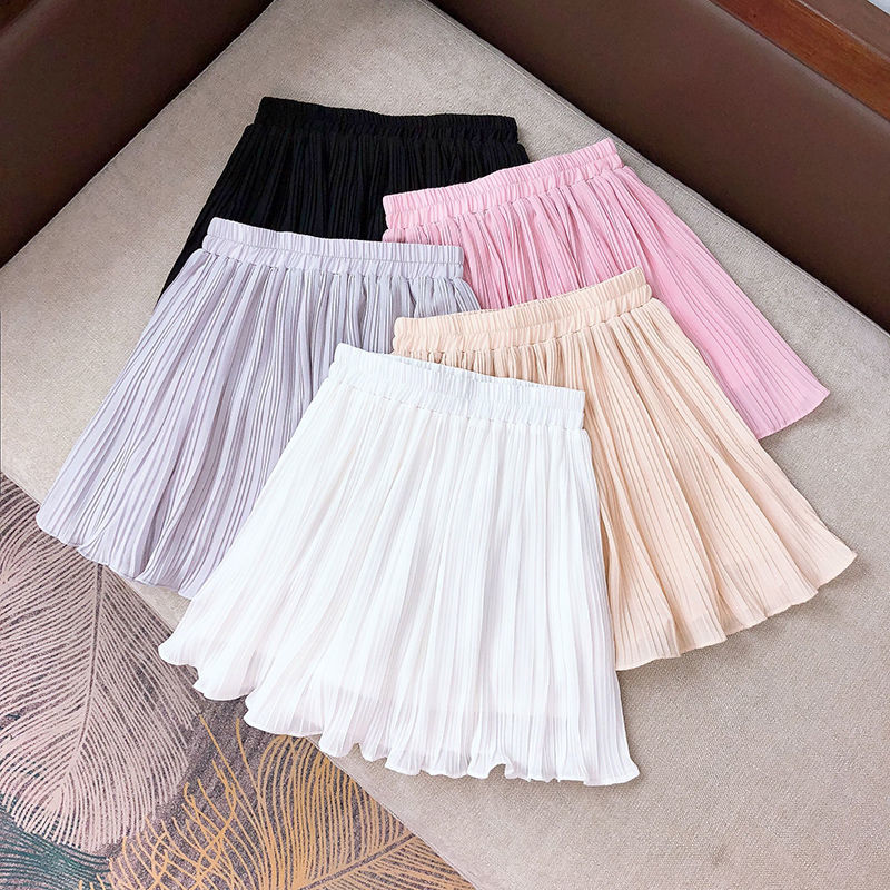 Chiffon short small pleated skirt women's summer large half body black and white purplish red wood ear edge elastic waist lined Leggings