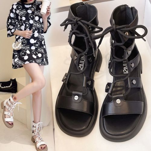 Net red STRAP ROMAN SANDALS lady  new fairy style flat bottomed hollow high top shoes children's summer thick soled sandals
