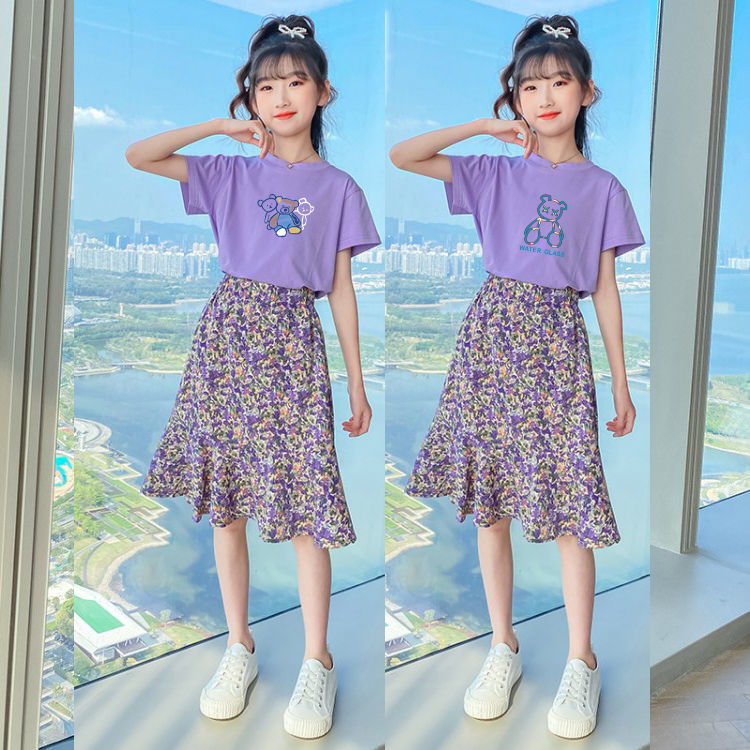Children's Suit Girls' foreign style fashionable girls' floral skirt two-piece set of summer pure cotton clothes thin cute