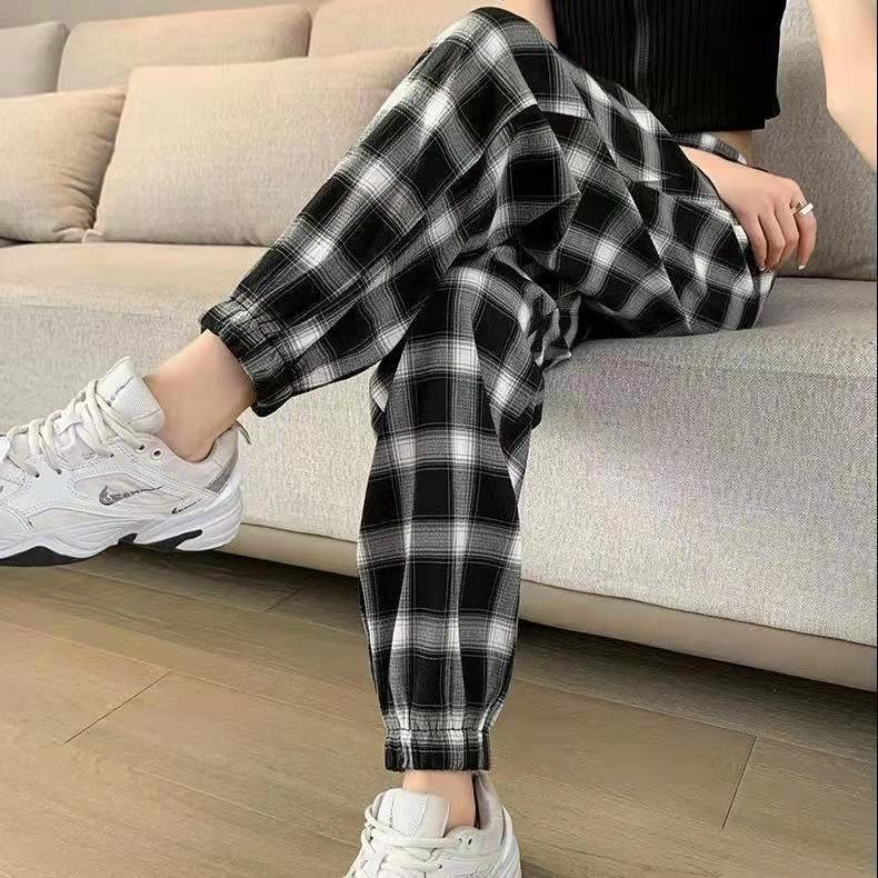 Plaid Harun pants women's spring, summer and autumn loose high waist looks thin and versatile Leggings Pants lanterns
