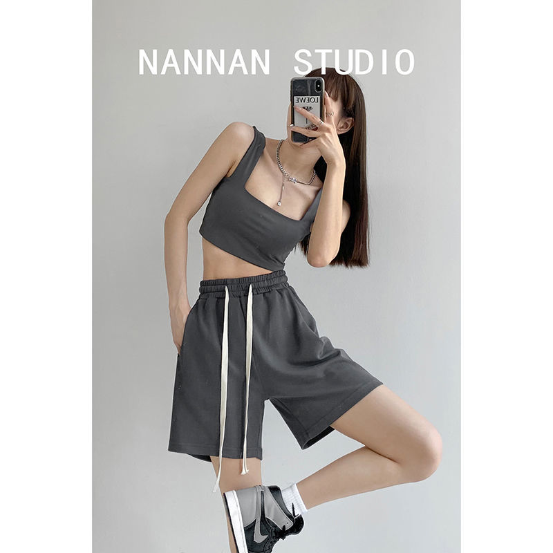 Grey sports shorts women's American street loose summer thin drawstring elastic waist casual wide leg pants trend