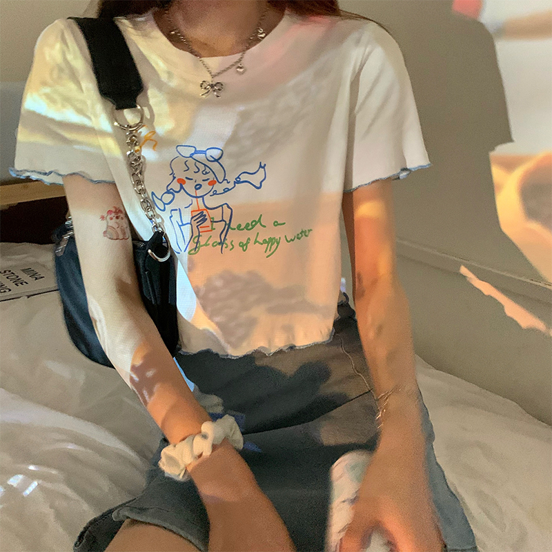 Official figure real price 40 thread count 95 cotton 5 spandex short sleeve T-shirt women's short hem print
