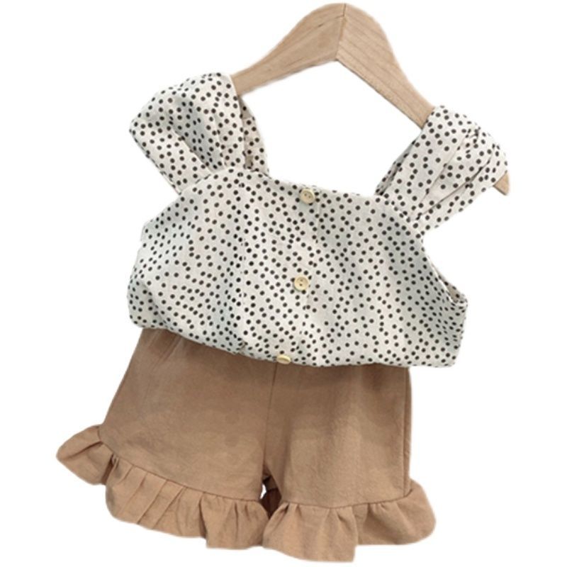 Girls' Han Fan fashion suit 2022 summer fashionable wave point baby shirt loose casual shorts two piece set