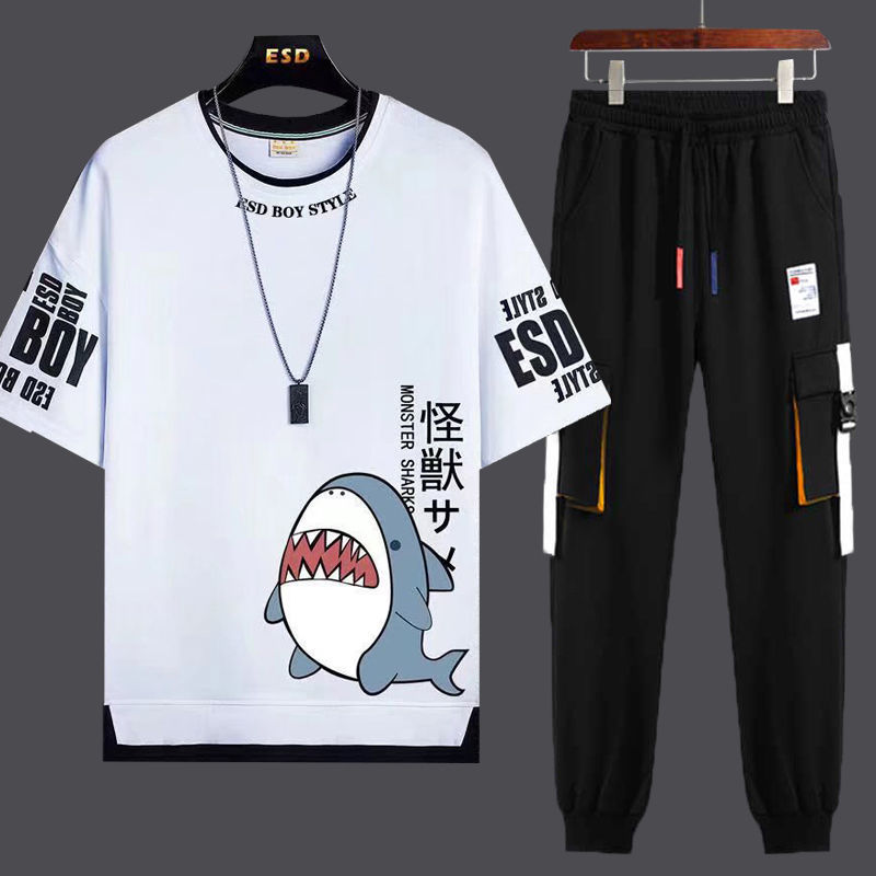 Summer large short sleeve T-shirt set men's Korean version loose big boys' fashion leisure Youth Junior High School Students two-piece set