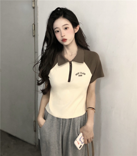 Real shot of spice girl trend color block letter printing short style slim short polo collar T-Shirt Top Women