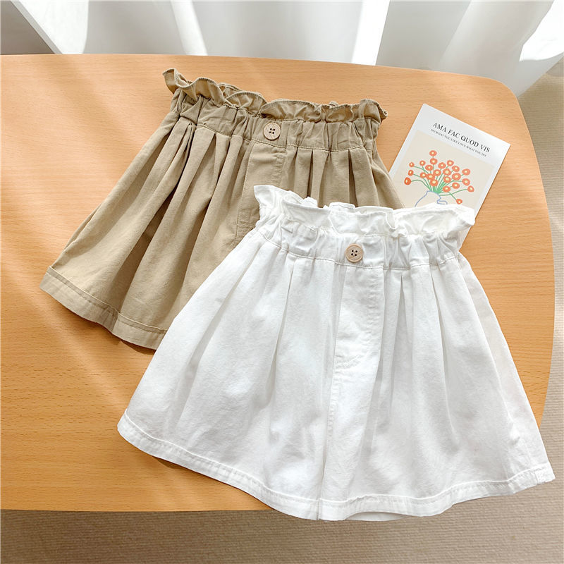 Girls' new pure cotton thin shorts 2022 summer baby exotic skirt pants Korean Lace Waist Wide Leg skirt pants trend