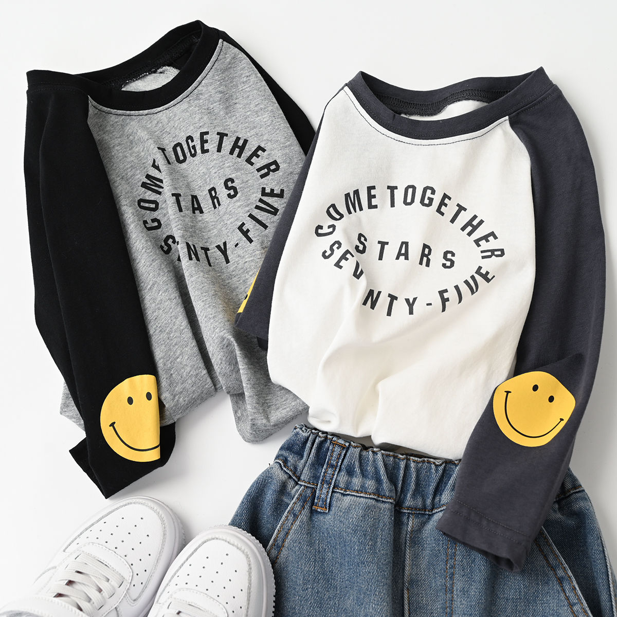Children's contrast color smiling face T-shirt boys' and girls' Korean raglan sleeve bottoming shirt spring and autumn baby long sleeve top fashion