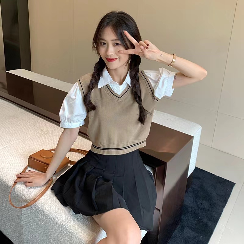 Fake two short shirts women's summer 2022 new design contrast color stitching slim polo collar short sleeve top