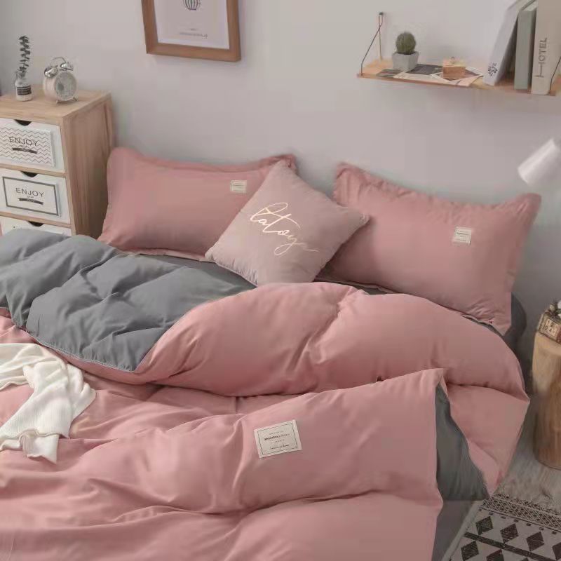 Ins simple solid color washed cotton four piece set student dormitory Three Piece Bedding Set bed sheet quilt cover