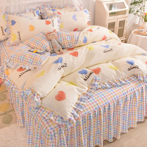 Net red bed skirt 4-piece bedclothes 3-piece princess style skin brushed girl heart bed sheet quilt cover