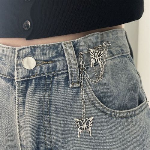 The waist of the pants has been greatly changed. The waist is small. It is a magic tool. Women's Korean ins are versatile. Chain metal pins. Butterfly decoration. Simple brooch