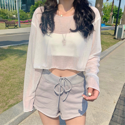 Sunscreen shirt female Pullover high waist exposed navel T-shirt slightly transparent top hollow out Shirt Small waistcoat female shawl female fashion