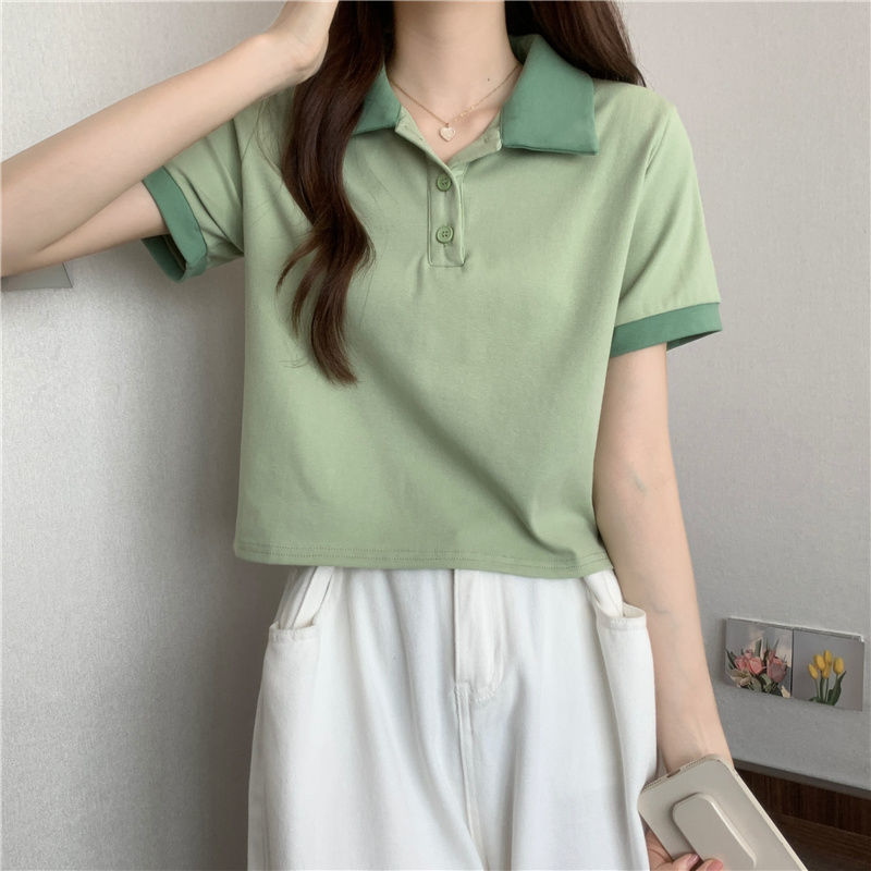 Green polo collar short sleeve T-shirt women's design front shoulder T-shirt contrast color Lapel short thin top summer thin