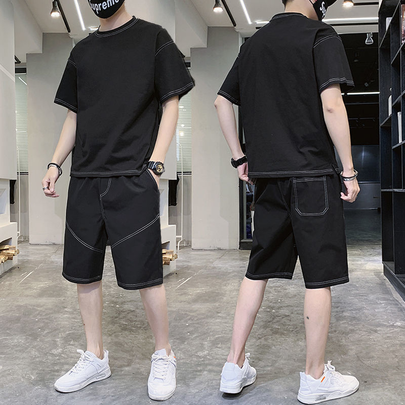 Summer trendy men's net red mature short sleeve one suit with ruffian handsome style and trendy handsome trendy men's casual suit