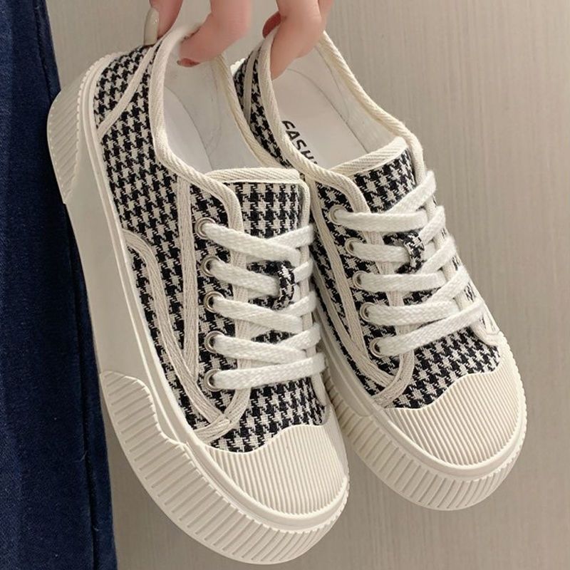Plover woodpecker thousand bird grid canvas shoes women's 2022 summer new thick bottom biscuit shoes Hong Kong style retro shoes