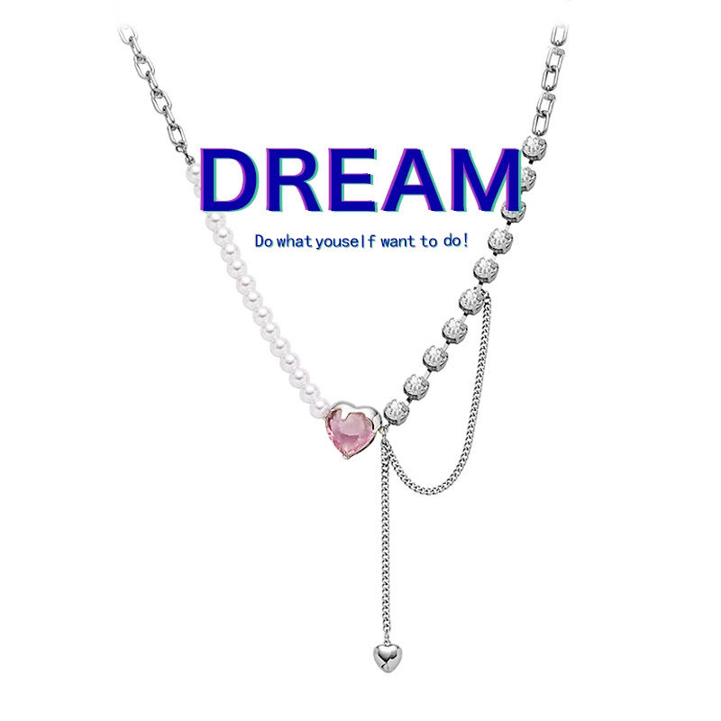 Love stitched pearl necklace design sense of high-level light luxury minority asymmetric collarbone chain versatile neck chain cool wind