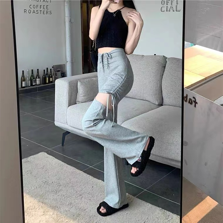 Non real shooting original quality hole drawstring wide leg pants women's straight casual pants