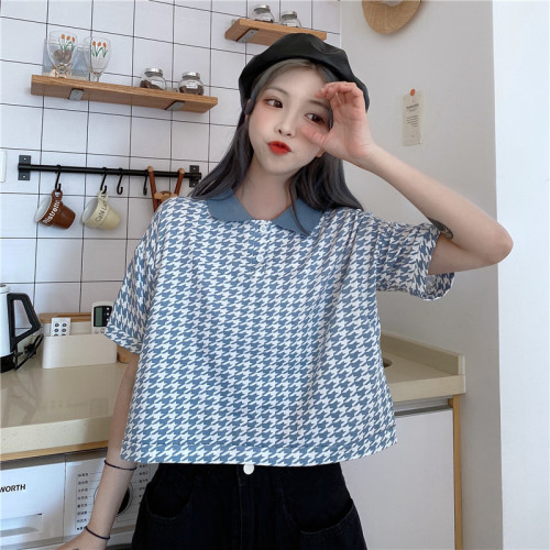 Real shooting of the new summer style elegant bird check short sleeve T-shirt women's Polo neck short top