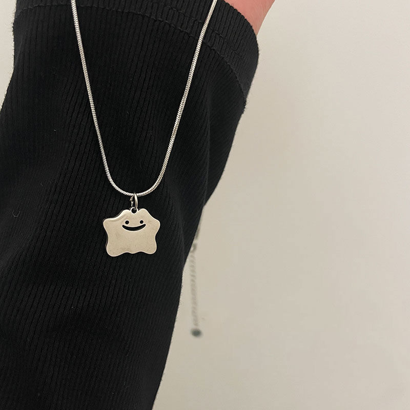 Silver titanium steel small monster smiling face Necklace female summer 2021 new niche design sense simple temperament collarbone chain