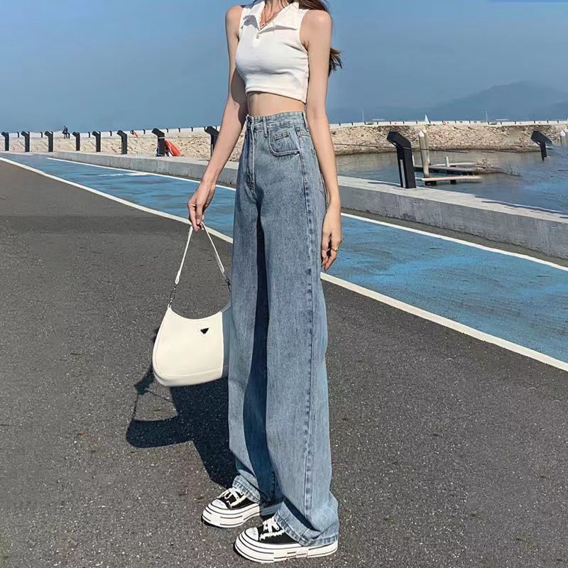 Mopping jeans women's summer 2022 thin high waist thin versatile wide leg straight tube loose vertical pants
