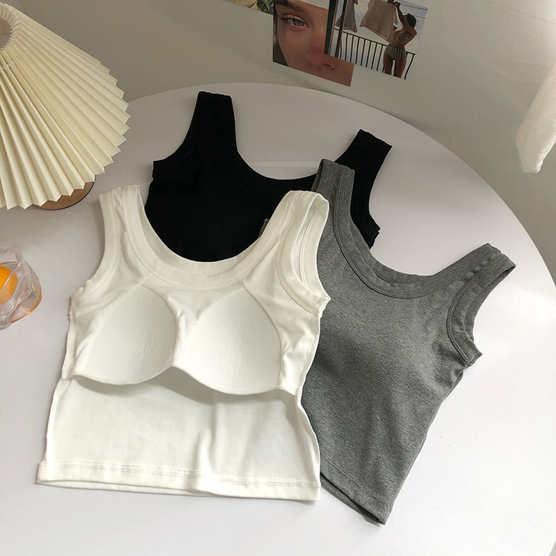 Cotton all-in-one bra backing versatile sports vest with bra cushion short upper support solid color suspender underwear
