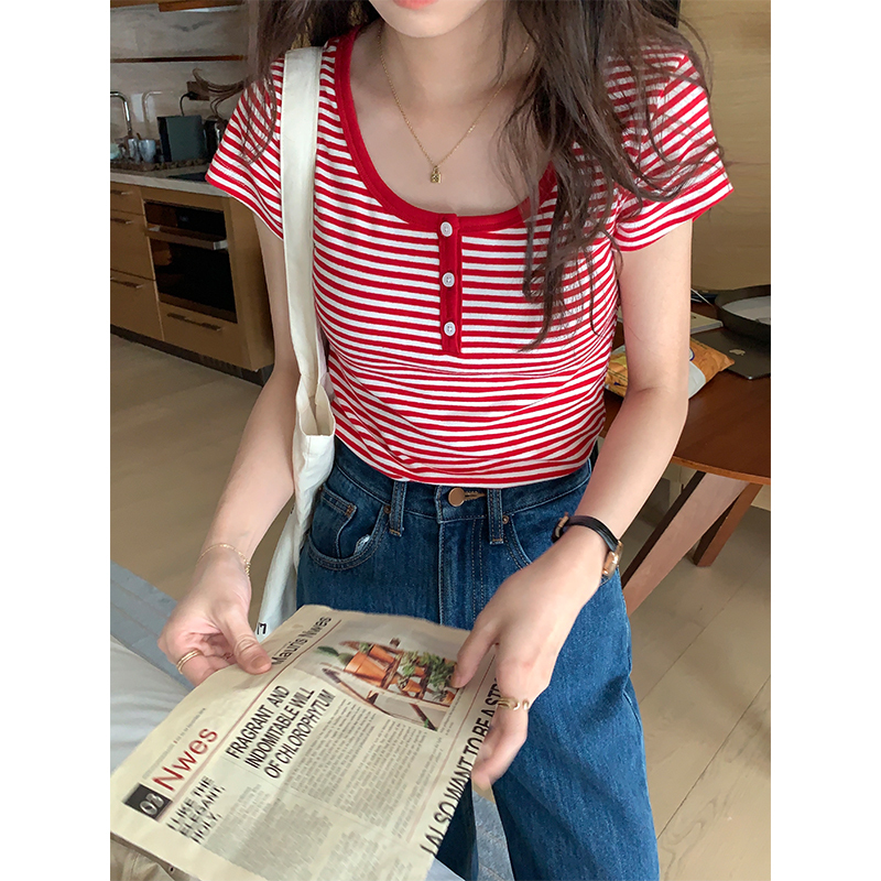 Real shot of Korean minority design stripe short sleeve T-shirt summer full shoulder round neck bottomed top slim