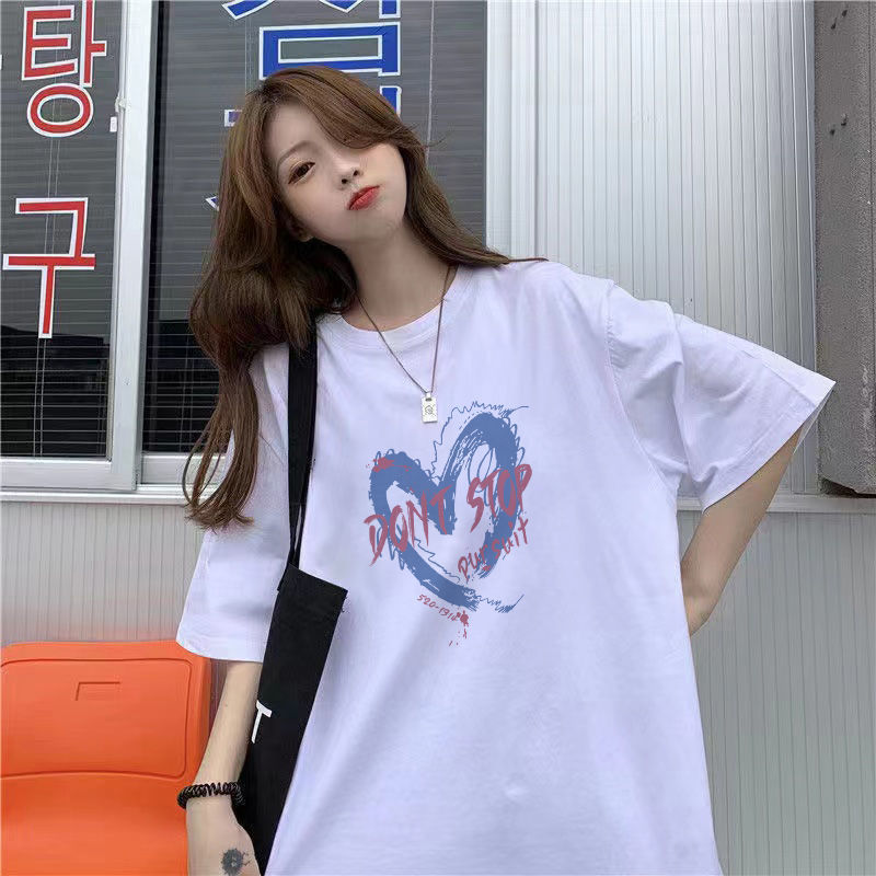 Summer new small fresh love T-shirt women ins style half sleeve top fashion 100% cotton short sleeve schoolgirl