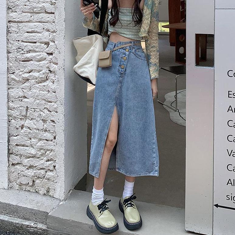 Split denim skirt women's summer new retro design high waist Slim small irregular A-line skirt