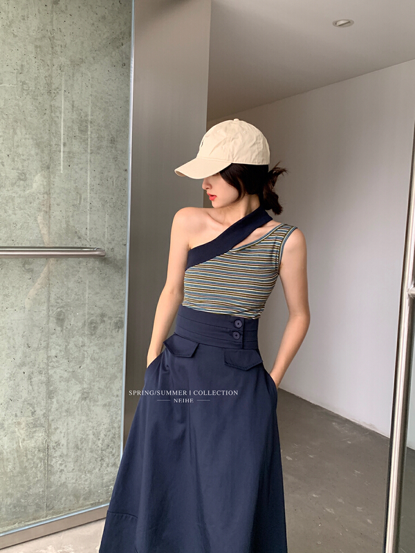 [neihe] off shoulder irregular stripe vest / sling 22331\jhy