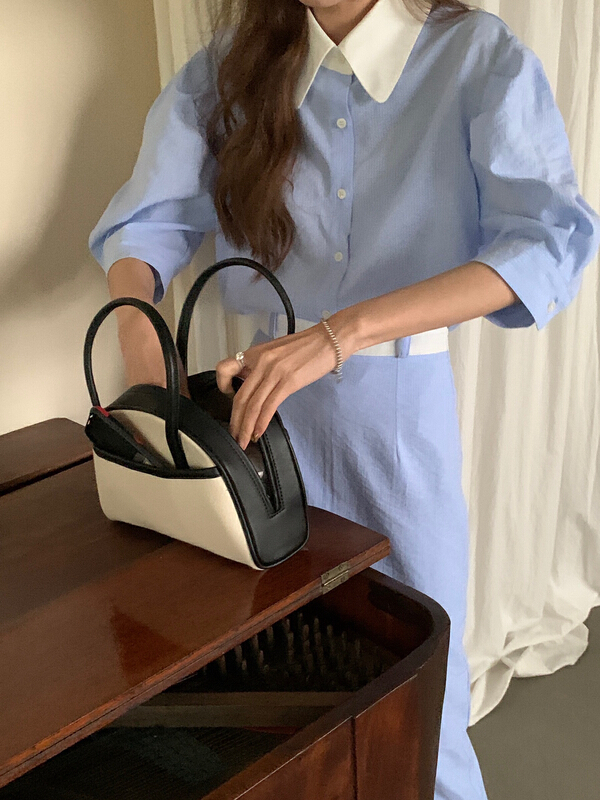 [x · h studio] contrast light blue stripe shirt + high waist slim skirt set 5492\ozq