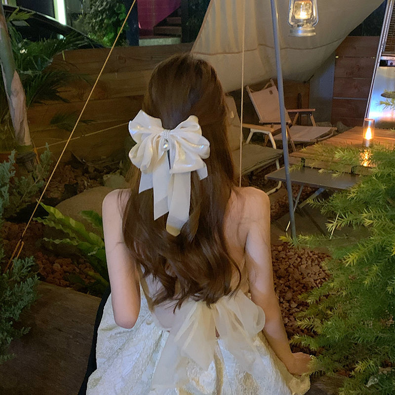 French champagne pink fine flash bow spring clip hairpin women's back of head headdress net red high sense hair accessories
