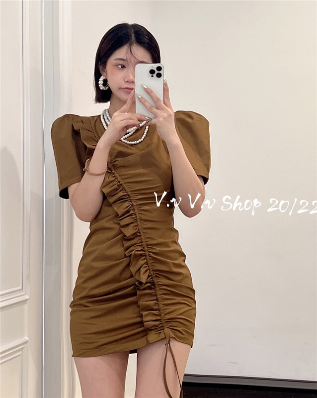 [v.v] Korean foam sleeve wood ear drawstring dress 7368\zxx