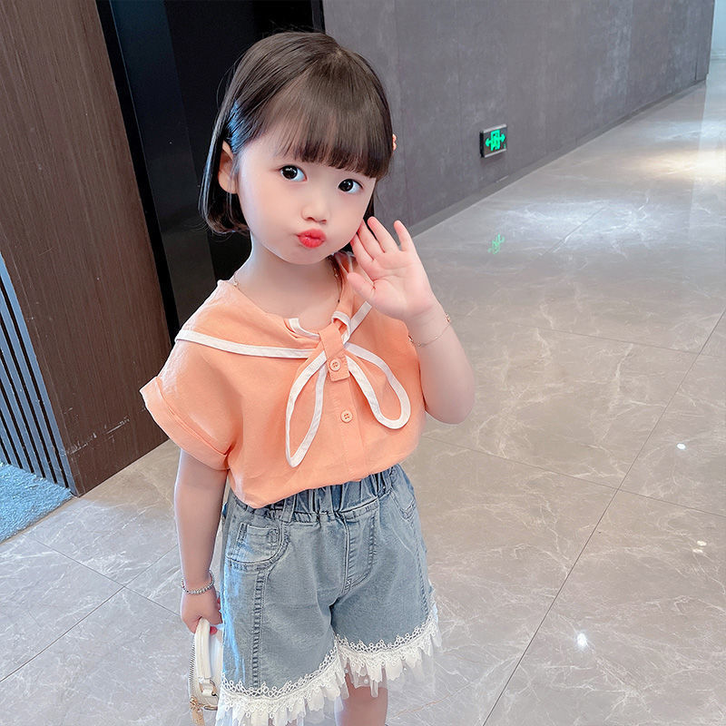 Girls' summer clothes 2022 new thin short sleeve girls' baby college style Cowboy SHORTS SMALL fragrance two piece set of children's clothes