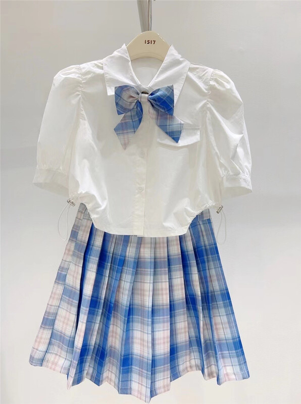 [1517] college style irregular short sleeve shirt + Plaid pleated skirt suit (detachable with bowknot) 7259\zjy
