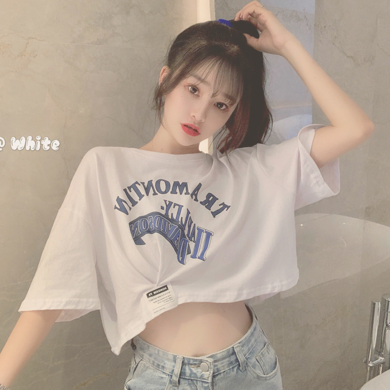 Real shot pull frame cotton short open navel top high waist thin letter printed short sleeve t-shirt female student ins fashion