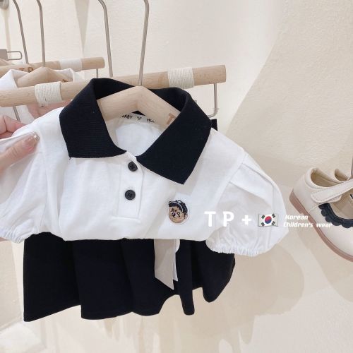 Cotton boys' and girls' short sleeve T-shirt children's clothes Bubble Sleeve Top + pleated skirt two-piece set of foreign style skirt set