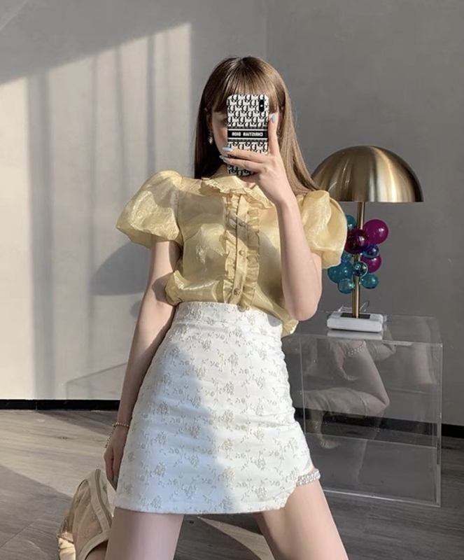 Original price 84.90! Recommended by buyers! [Linna] Korean style fungus edge Lapel bubble sleeve shirt 6681\jj