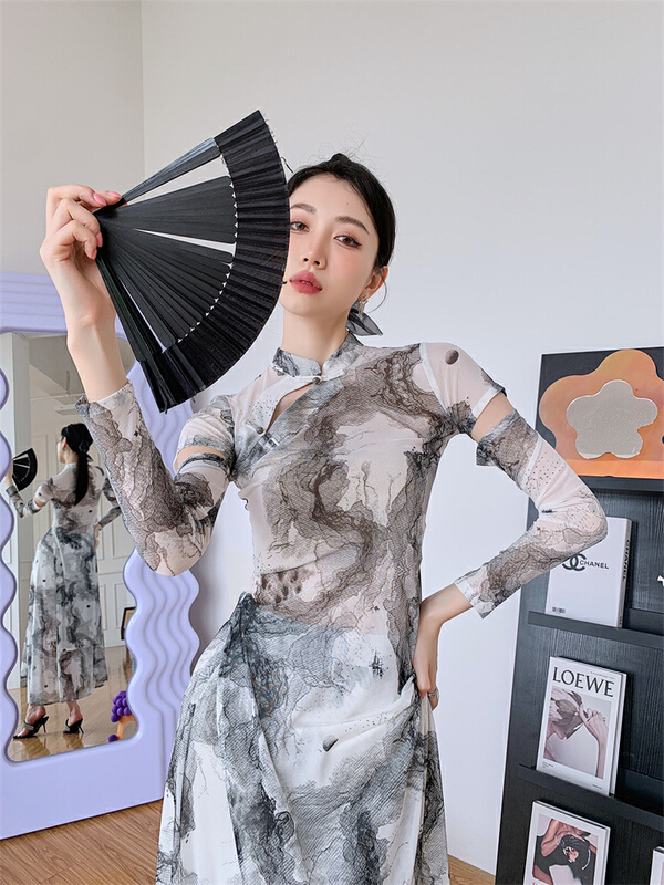 [AC] ink print fashion dress (with sleeves) (excluding skirt) 6999\jj