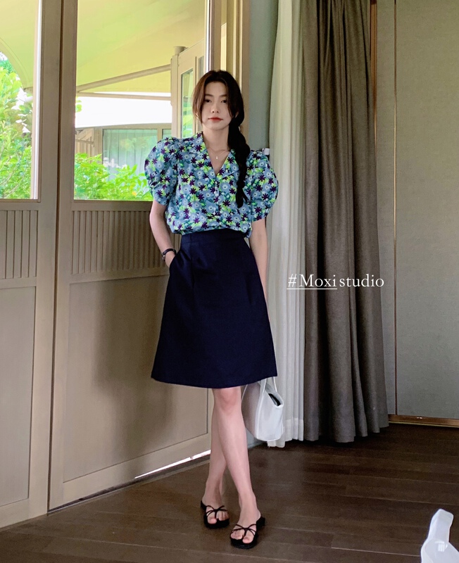 [Moxi] Korean versatile suit collar floral shirt 56591\xj