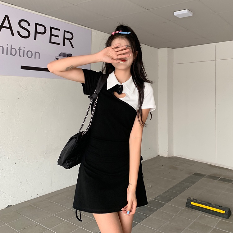 [model] fashionable Korean Spice Girl drawstring hollow out Lapel color matching dress 5873\jj