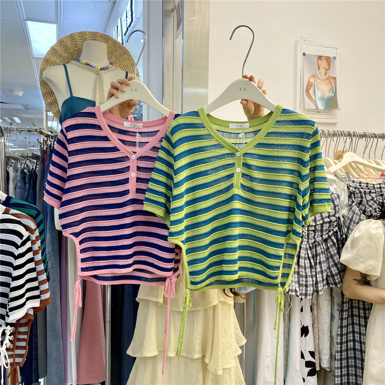 [y.x] Korean stripe short sleeve T-shirt 37337\hjy