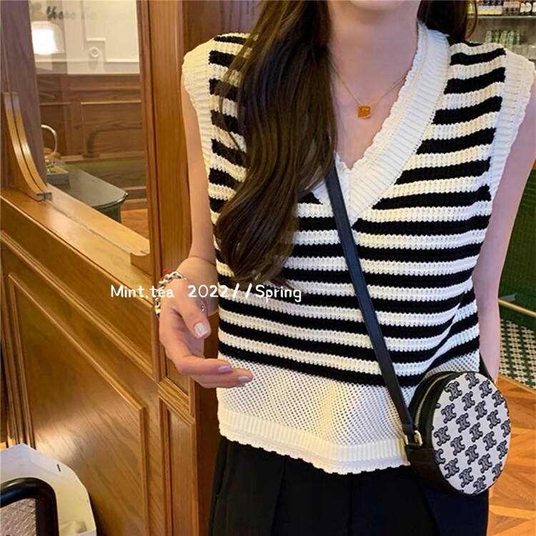 [mint tea] V-neck thin stripe knitted vest / suspender 22151\zjy