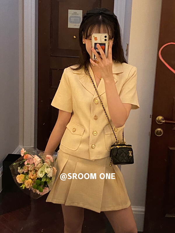 In early summer! [s.room] temperament celebrity metal button short sleeve jacket + high waist skirt suit ys-5003\lsl