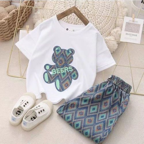 2022 latest summer net red [the same style for siblings] set of pure cotton children's summer heavy industry embroidered bear clothes