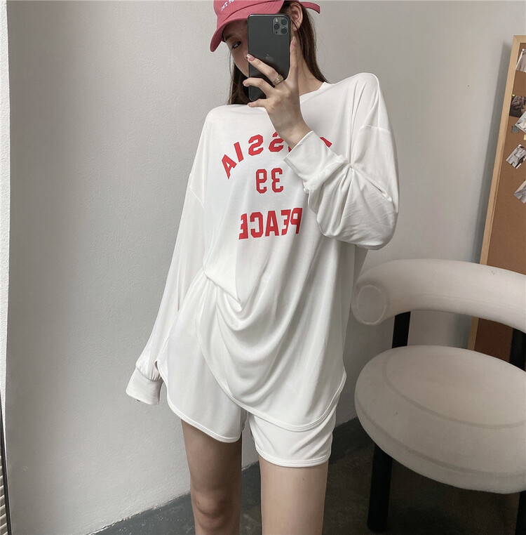 [modern 197] letter printed long sleeve + casual versatile Shorts Set 7111\lsl